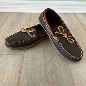 LL Bean Mens Moccasin Slippers Flannel Lined Brown Leather  Hard Sole Size 8 Men
